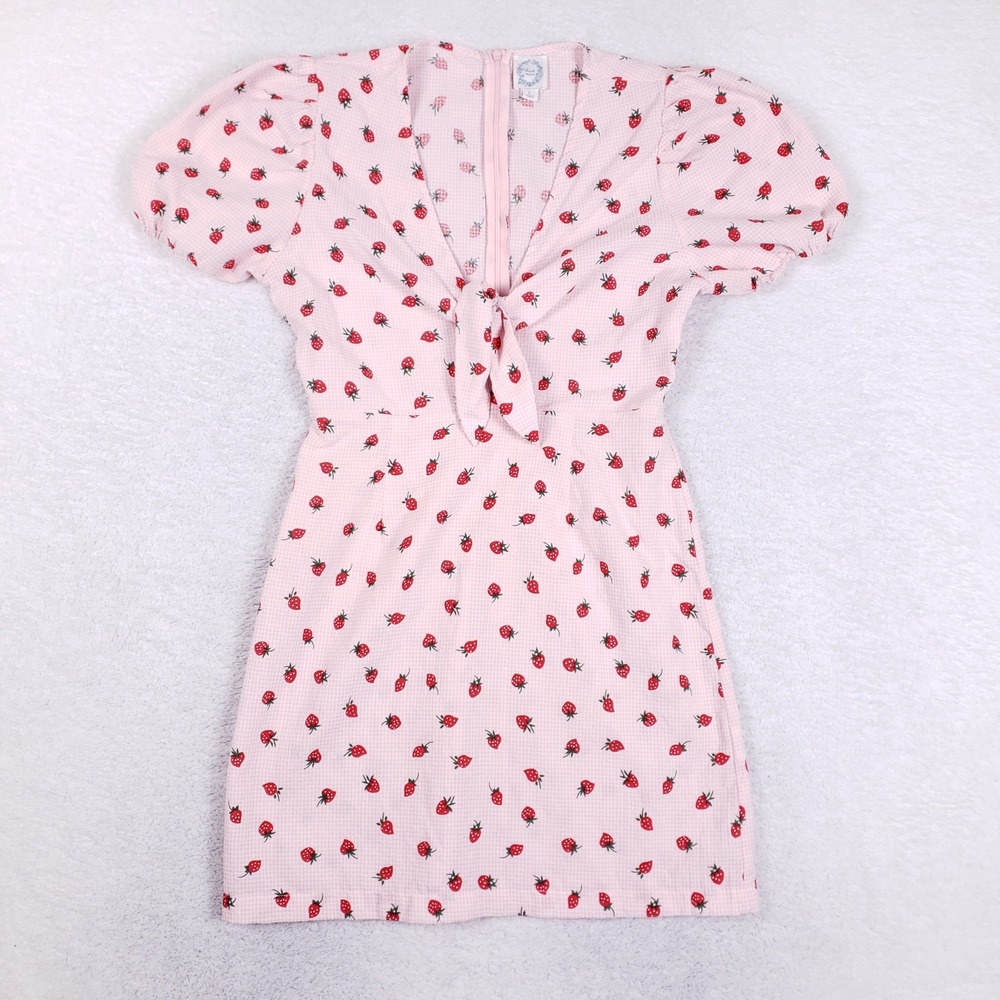 Blue Rain Pink Gingham Strawberry Print Puff Sleeve Tie Front Mini Dress Large
